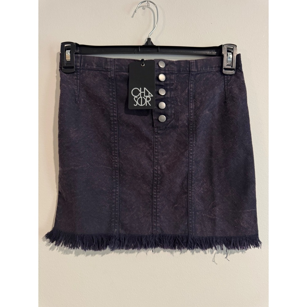 Chaser Button Fly Mini‎ Skirt Womens Size S Blueberry Purple Frayed Hem stretchy